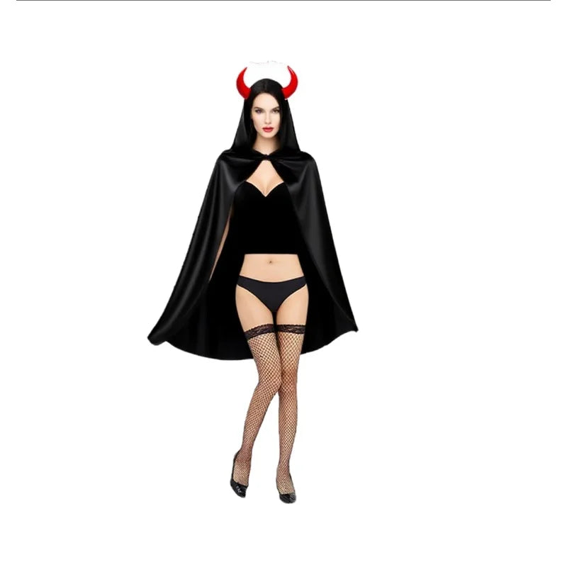 Halloween Costume Women'S Demon Costume Cape, Skirt, Demon Horn Red Horned Fork Gloves Suitable for Halloween Costume Wear