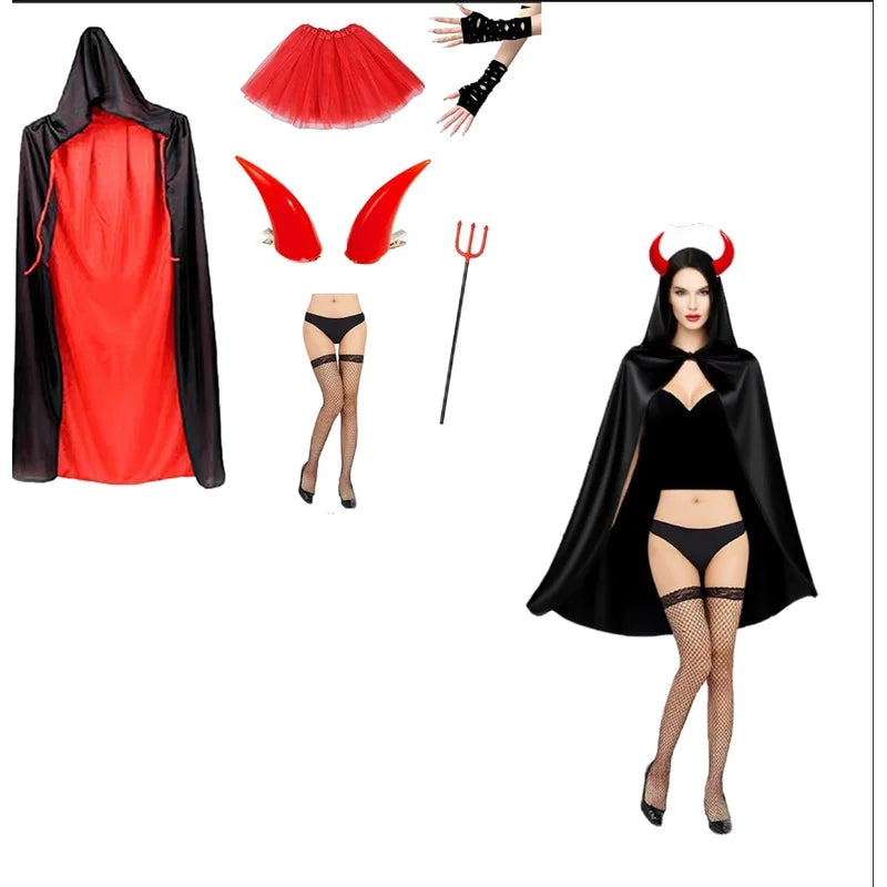 Halloween Costume Women'S Demon Costume Cape, Skirt, Demon Horn Red Horned Fork Gloves Suitable for Halloween Costume Wear