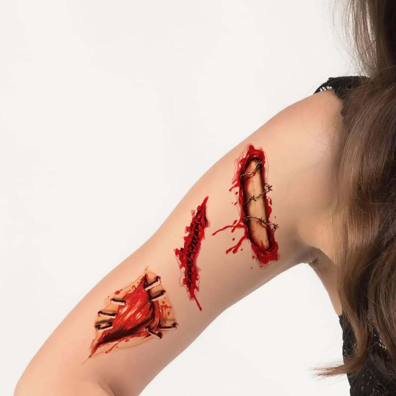 Halloween Scar Temporary Tattoo Realistic Fake Bloody Wound Zombie Scar Tattoos Sticker Halloween Party Decorations Prank Props