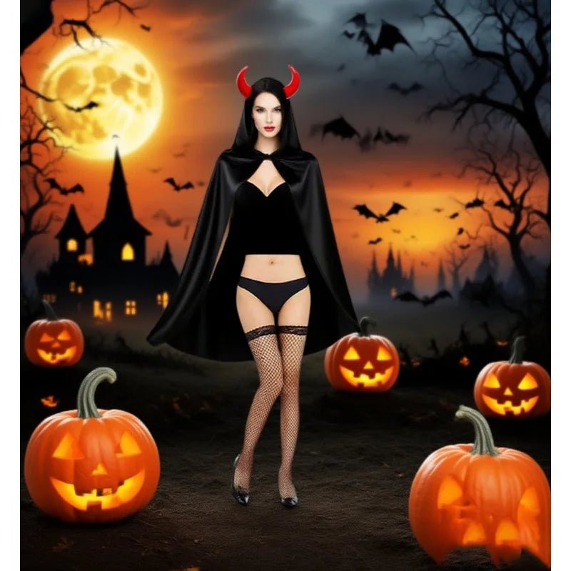 Halloween Costume Women'S Demon Costume Cape, Skirt, Demon Horn Red Horned Fork Gloves Suitable for Halloween Costume Wear