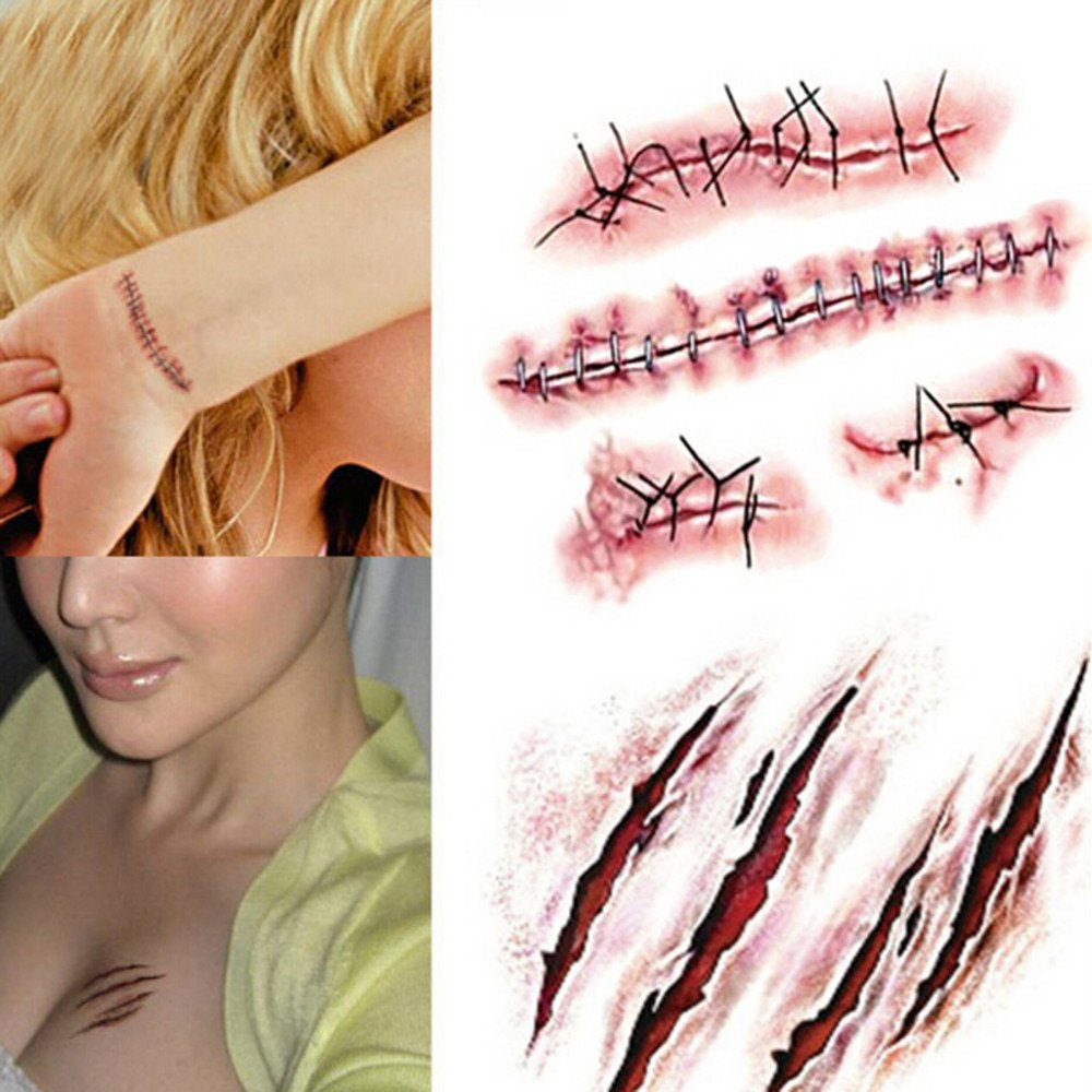 10Pcs Halloween Zombie Scars Tattoos with Fake Scar Bloody Costume Makeup Halloween Decoration Terror Wound Scary Blood Injury Sticker (1)