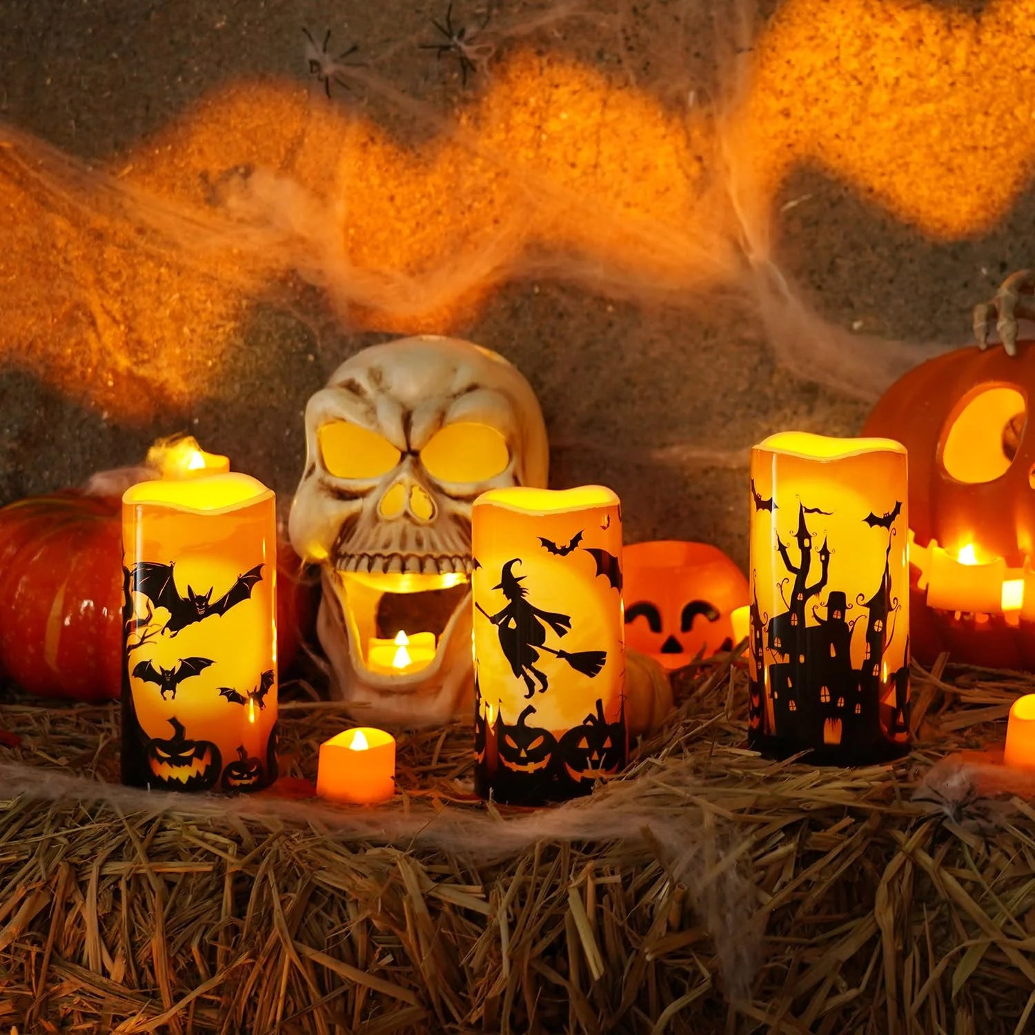 Spooktacular Halloween Flameless Candles - Waterproof LED Pillar Set with Remote Timers, Perfect for Outdoor Decor, 3”x6” - Set of 3 Orange Candles