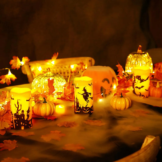 Spooktacular Halloween Flameless Candles - Waterproof LED Pillar Set with Remote Timers, Perfect for Outdoor Decor, 3”x6” - Set of 3 Orange Candles