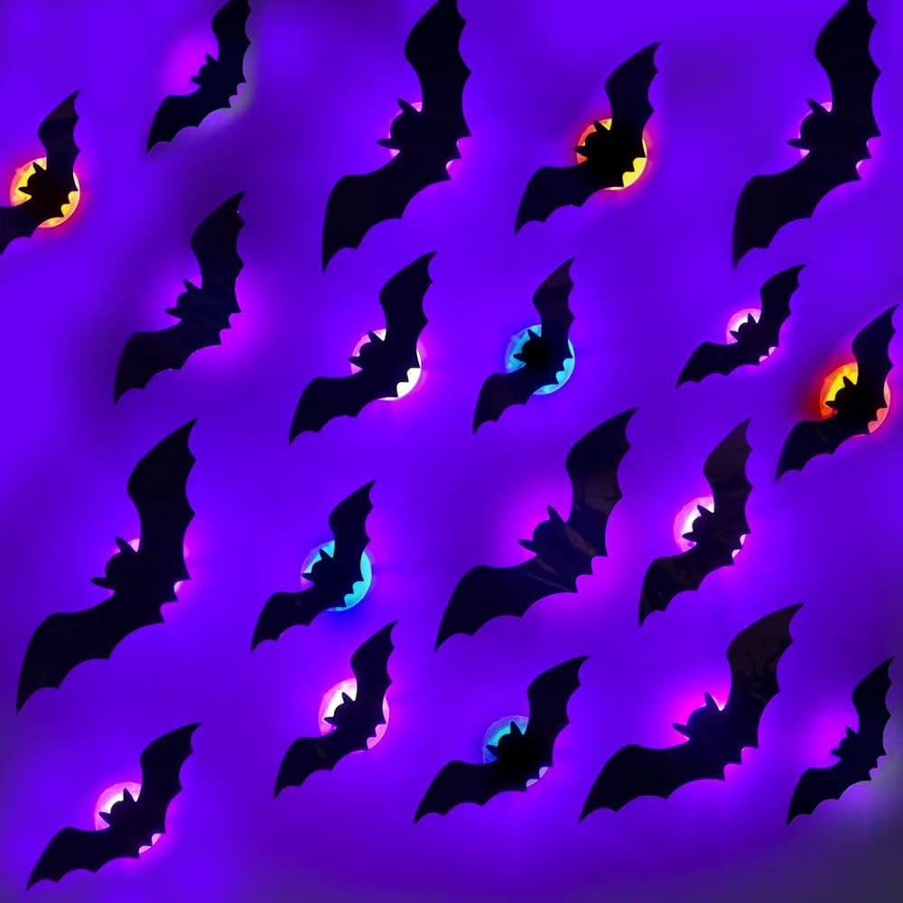 24 Pack Light up Bats Halloween Decor – LED Lights for Halloween, Glow in the Dark Wall Decor, 3D Lighted Bat with Twinkling Effects for Indoor & Outdoor (Bats)
