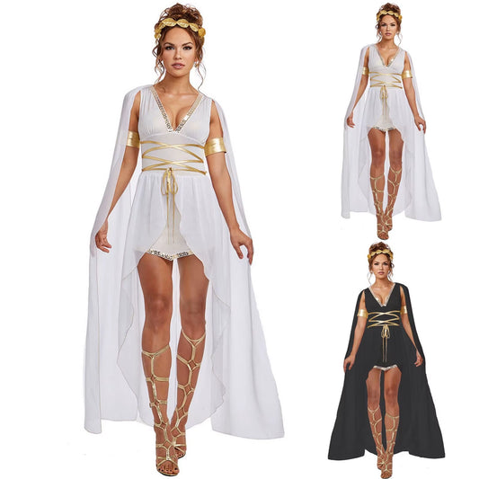 Women'S Stage Dress Costume Halloween Party Cosplay Costume Ancient Greek Goddess Costume Set with Headwear Waist Rope Bracelet