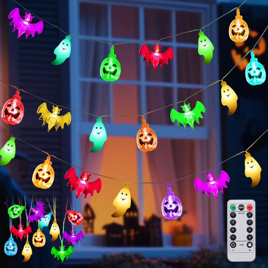 Halloween Lights 14.8Ft 30 LED Pumpkin Ghost Bat, 8 Modes Waterproof Halloween Decor Indoor Outdoor Party Home Decoration, Colored Lighting