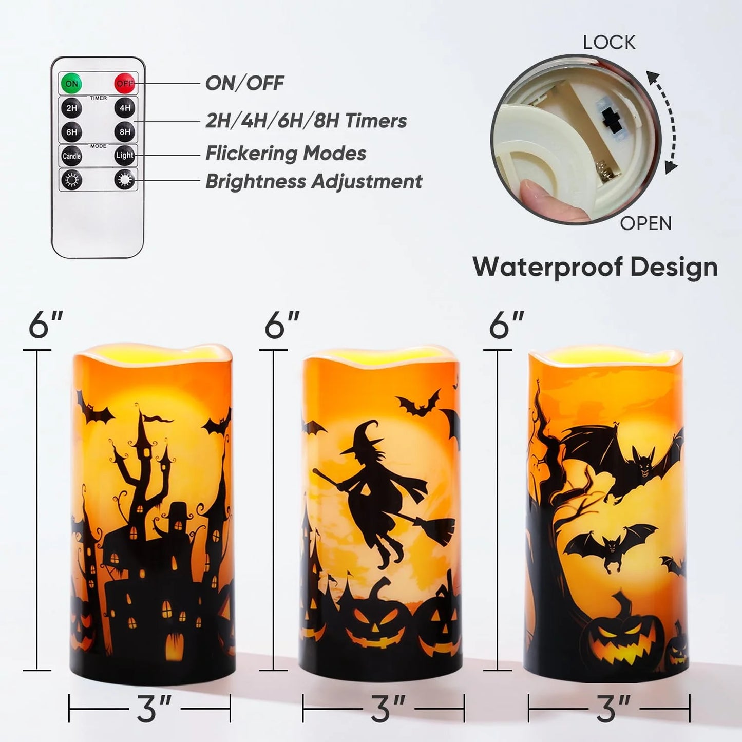 Spooktacular Halloween Flameless Candles - Waterproof LED Pillar Set with Remote Timers, Perfect for Outdoor Decor, 3”x6” - Set of 3 Orange Candles