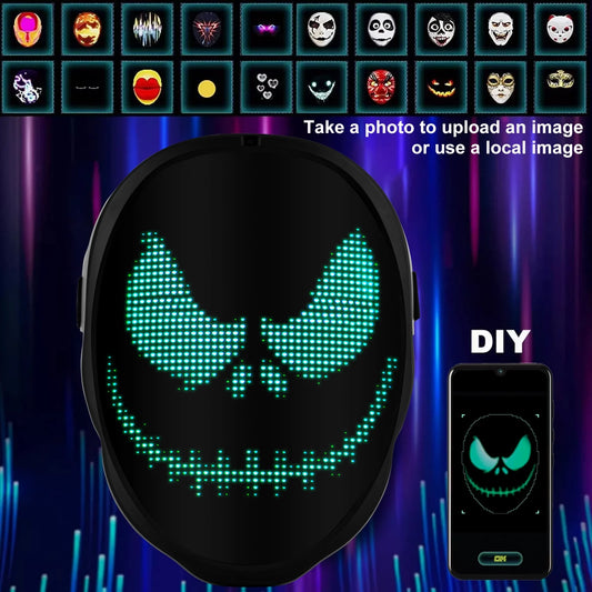 Bluetooth Programmable LED Face Mask - Light Up Your Halloween & Masquerade Party Fun!