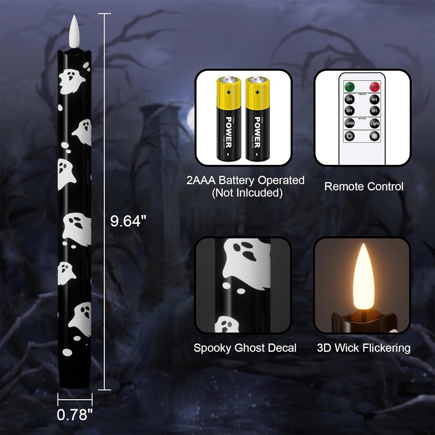 Flameless Flickering Taper Candles with Remote and Timer, Battery Operated Ghost