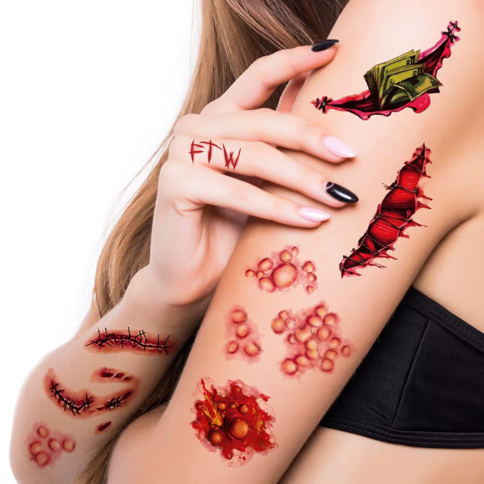 Halloween Scar Temporary Tattoo Realistic Fake Bloody Wound Zombie Scar Tattoos Sticker Halloween Party Decorations Prank Props