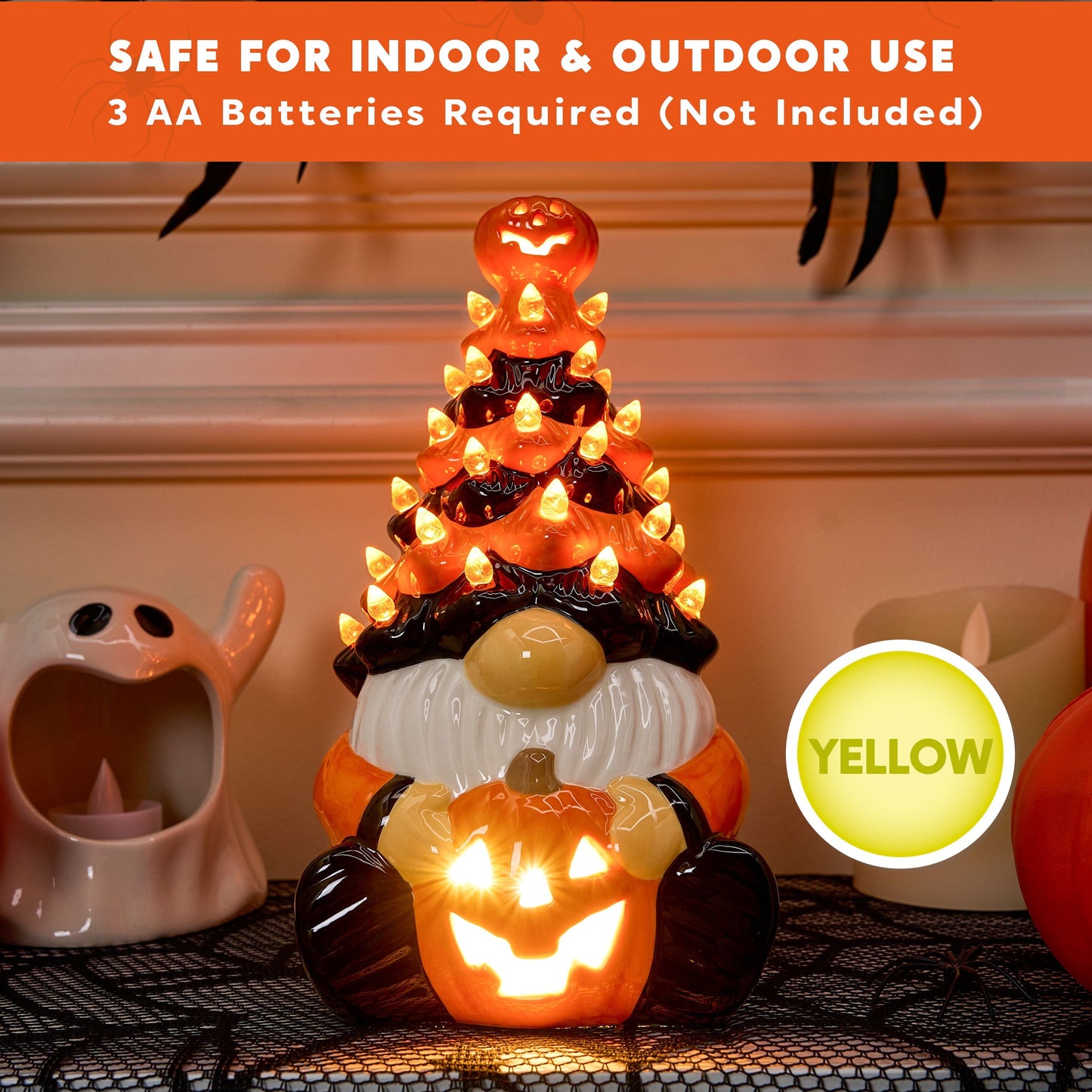 8.5 Inch Halloween Decorations Ceramic Gnome Tree Decorations with Build-In Leds,Light up Pumpkin Table Decor Bedroom Indoor Centerpieces for Tables