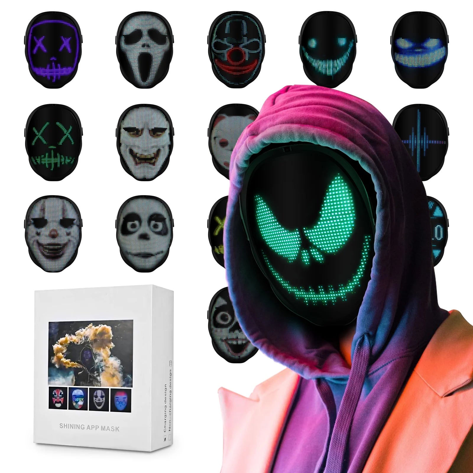 Bluetooth Programmable LED Face Mask - Light Up Your Halloween & Masquerade Party Fun!