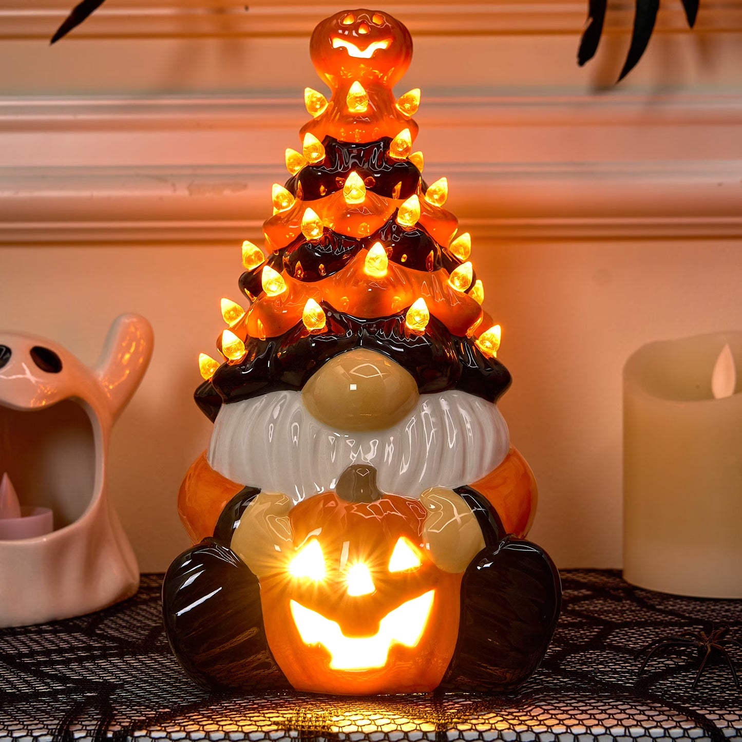 8.5 Inch Halloween Decorations Ceramic Gnome Tree Decorations with Build-In Leds,Light up Pumpkin Table Decor Bedroom Indoor Centerpieces for Tables