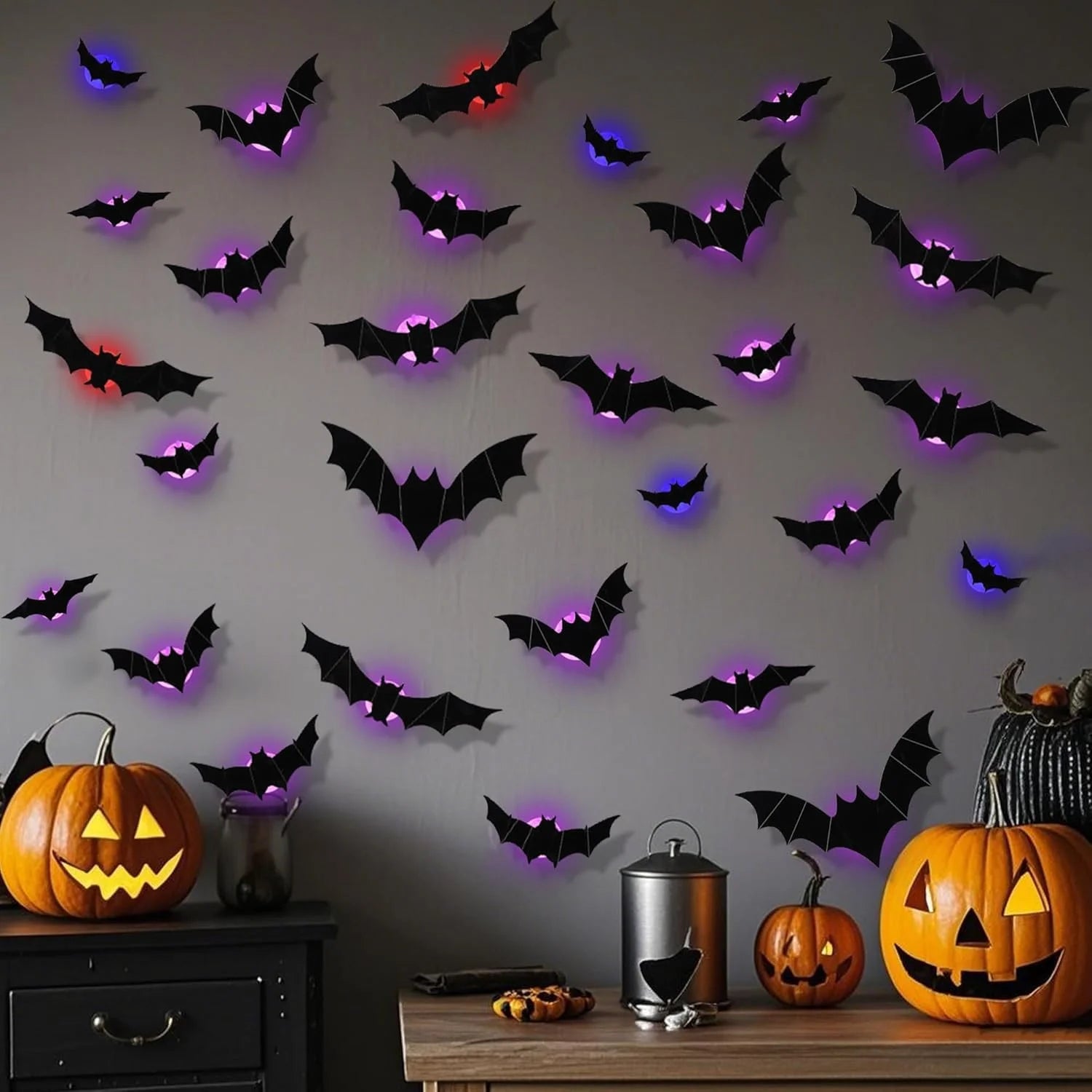 24 Pack Light up Bats Halloween Decor – LED Lights for Halloween, Glow in the Dark Wall Decor, 3D Lighted Bat with Twinkling Effects for Indoor & Outdoor (Bats)