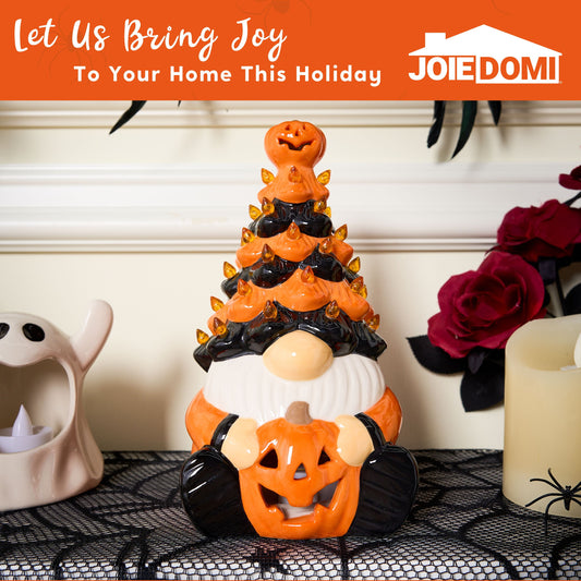 8.5 Inch Halloween Decorations Ceramic Gnome Tree Decorations with Build-In Leds,Light up Pumpkin Table Decor Bedroom Indoor Centerpieces for Tables