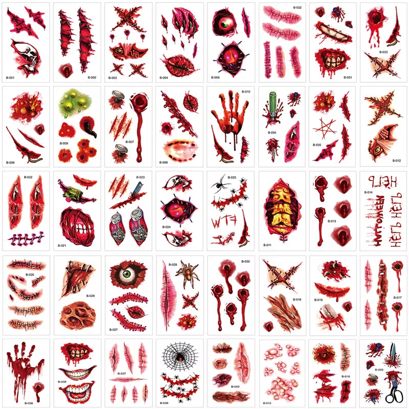 Halloween Scar Temporary Tattoo Realistic Fake Bloody Wound Zombie Scar Tattoos Sticker Halloween Party Decorations Prank Props