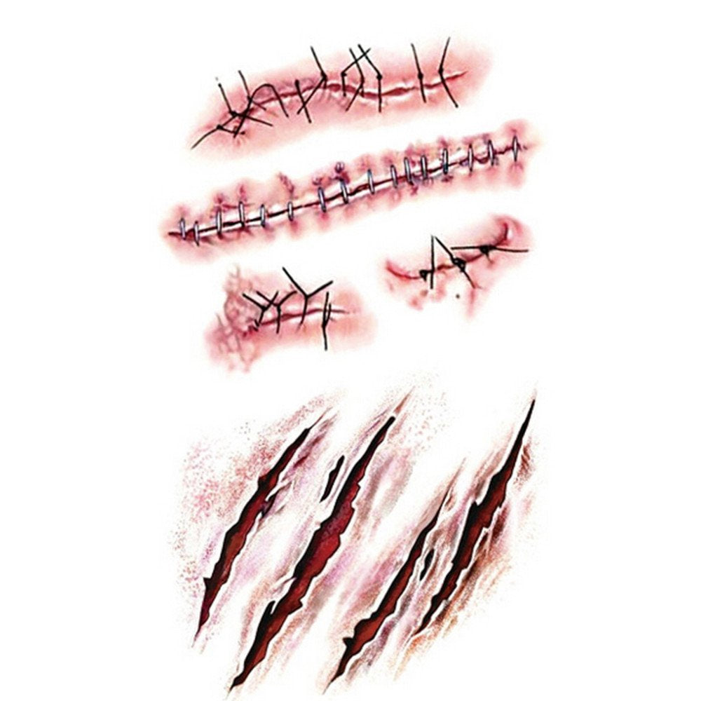 10Pcs Halloween Zombie Scars Tattoos with Fake Scar Bloody Costume Makeup Halloween Decoration Terror Wound Scary Blood Injury Sticker (1)