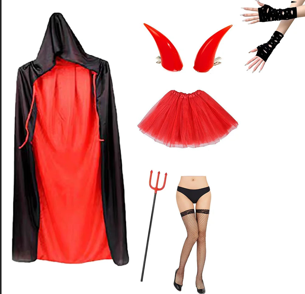 Halloween Costume Women'S Demon Costume Cape, Skirt, Demon Horn Red Horned Fork Gloves Suitable for Halloween Costume Wear