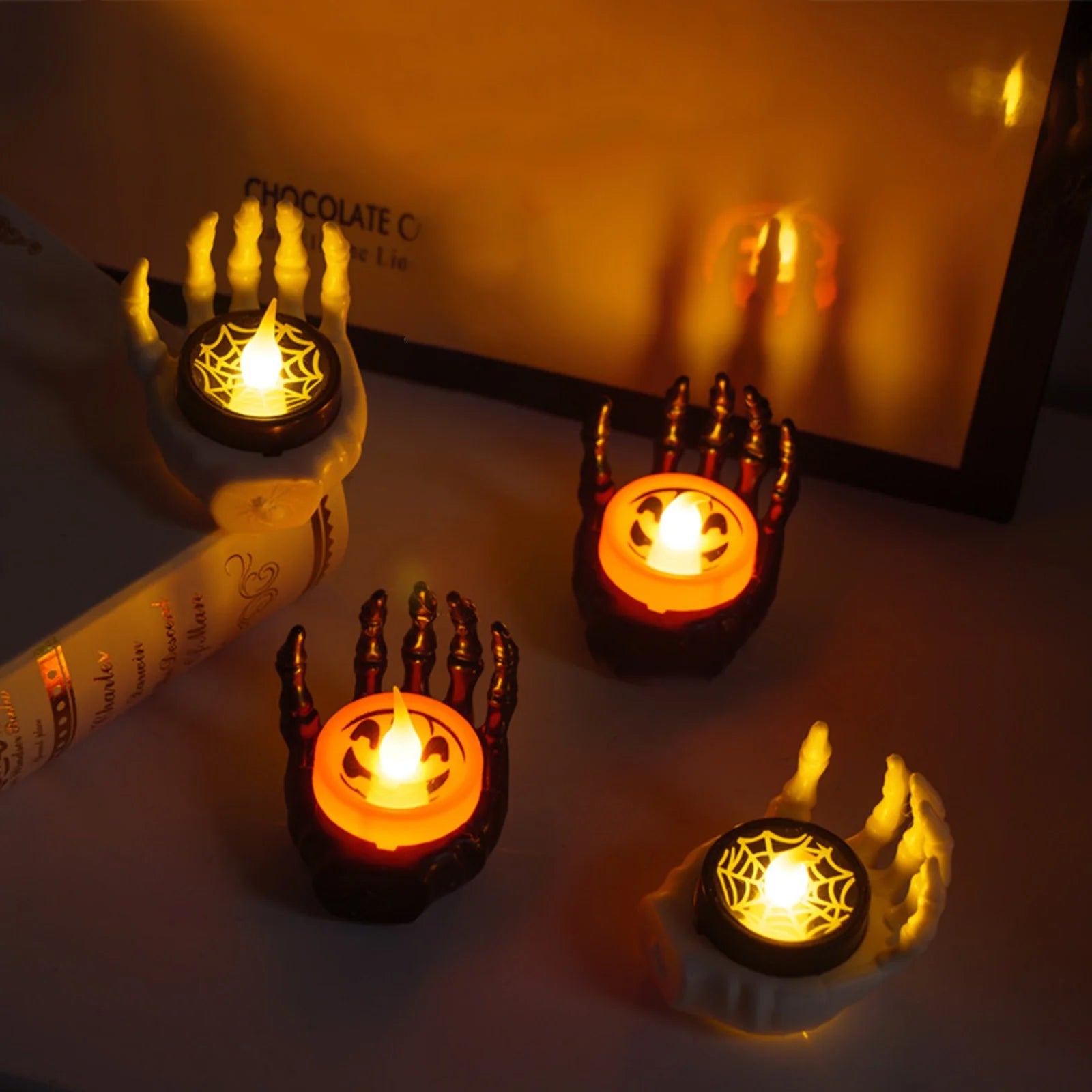 Halloween Spider Tea Lights, LED Flameless Spider Candle Holder Lights Battery Operated Orange Tea Lights for Halloween Party Table Home Halloween Decorations