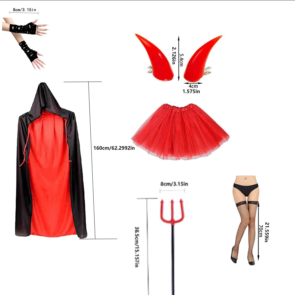 Halloween Costume Women'S Demon Costume Cape, Skirt, Demon Horn Red Horned Fork Gloves Suitable for Halloween Costume Wear