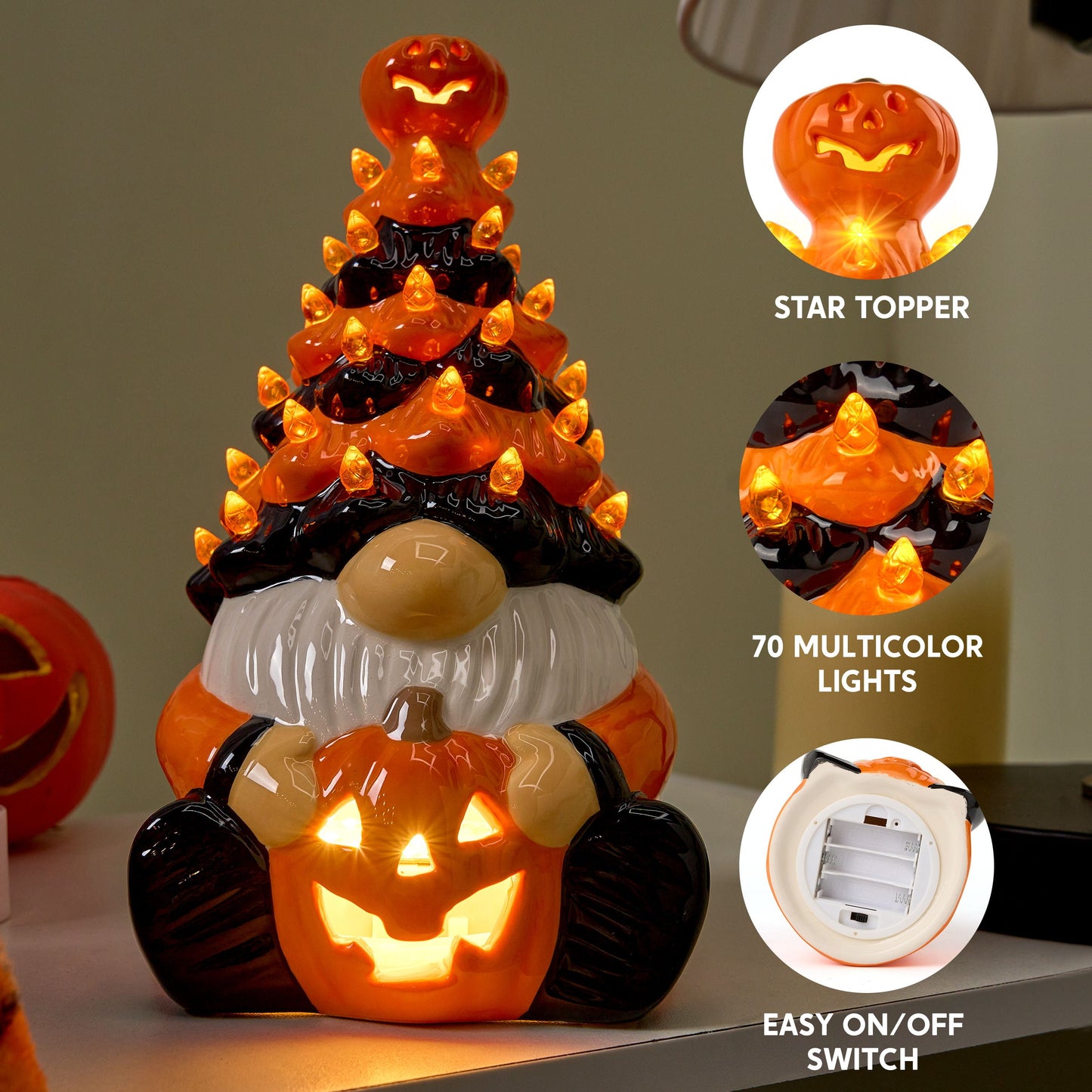 8.5 Inch Halloween Decorations Ceramic Gnome Tree Decorations with Build-In Leds,Light up Pumpkin Table Decor Bedroom Indoor Centerpieces for Tables