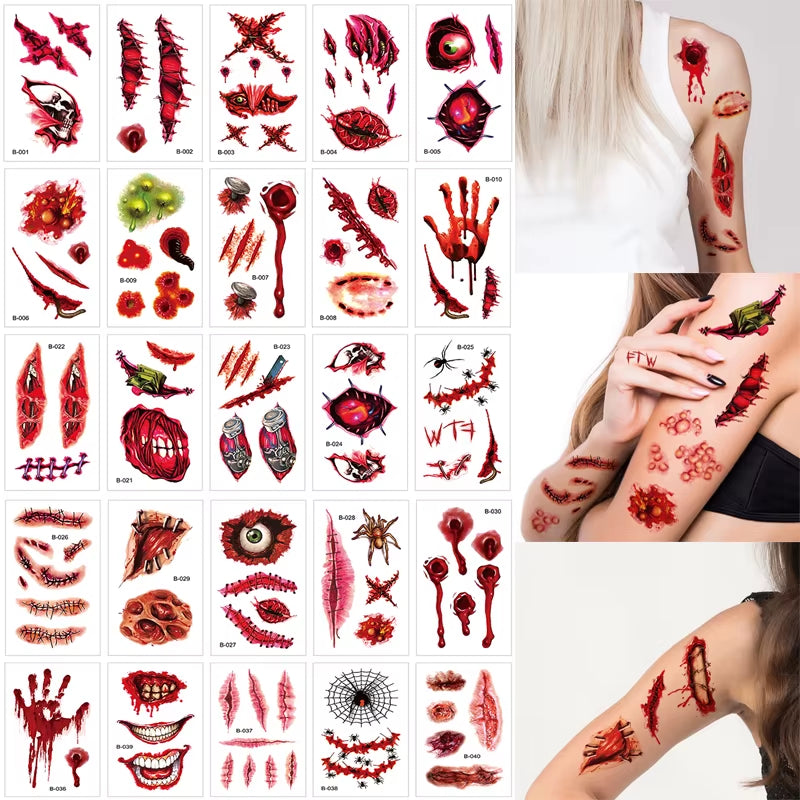 Halloween Scar Temporary Tattoo Realistic Fake Bloody Wound Zombie Scar Tattoos Sticker Halloween Party Decorations Prank Props