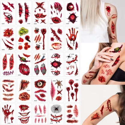 Halloween Scar Temporary Tattoo Realistic Fake Bloody Wound Zombie Scar Tattoos Sticker Halloween Party Decorations Prank Props