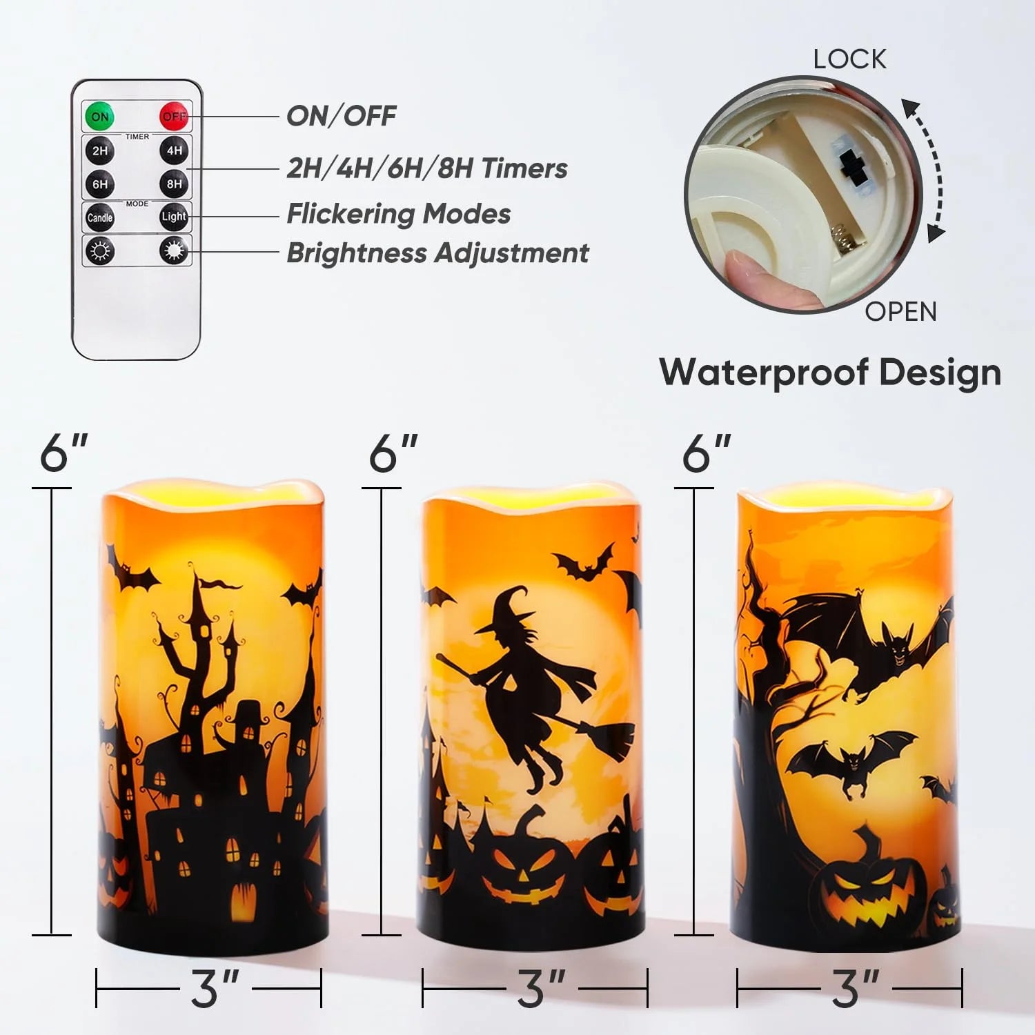 Spooktacular Halloween Flameless Candles - Waterproof LED Pillar Set with Remote Timers, Perfect for Outdoor Decor, 3”x6” - Set of 3 Orange Candles