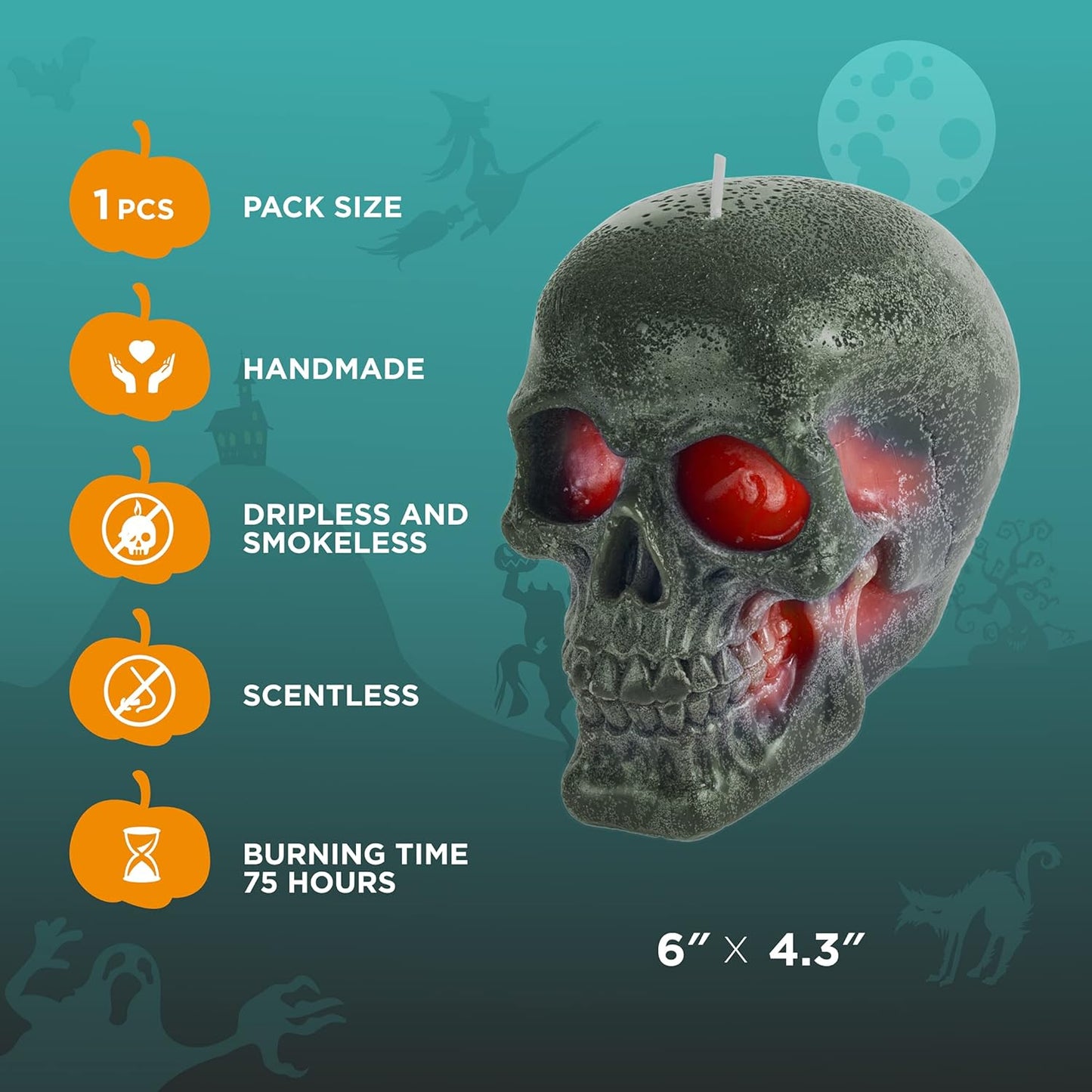 6X4.3 Inch Green Red Skull Spell and Halloween Themed Candle - Red Inside, Big Size