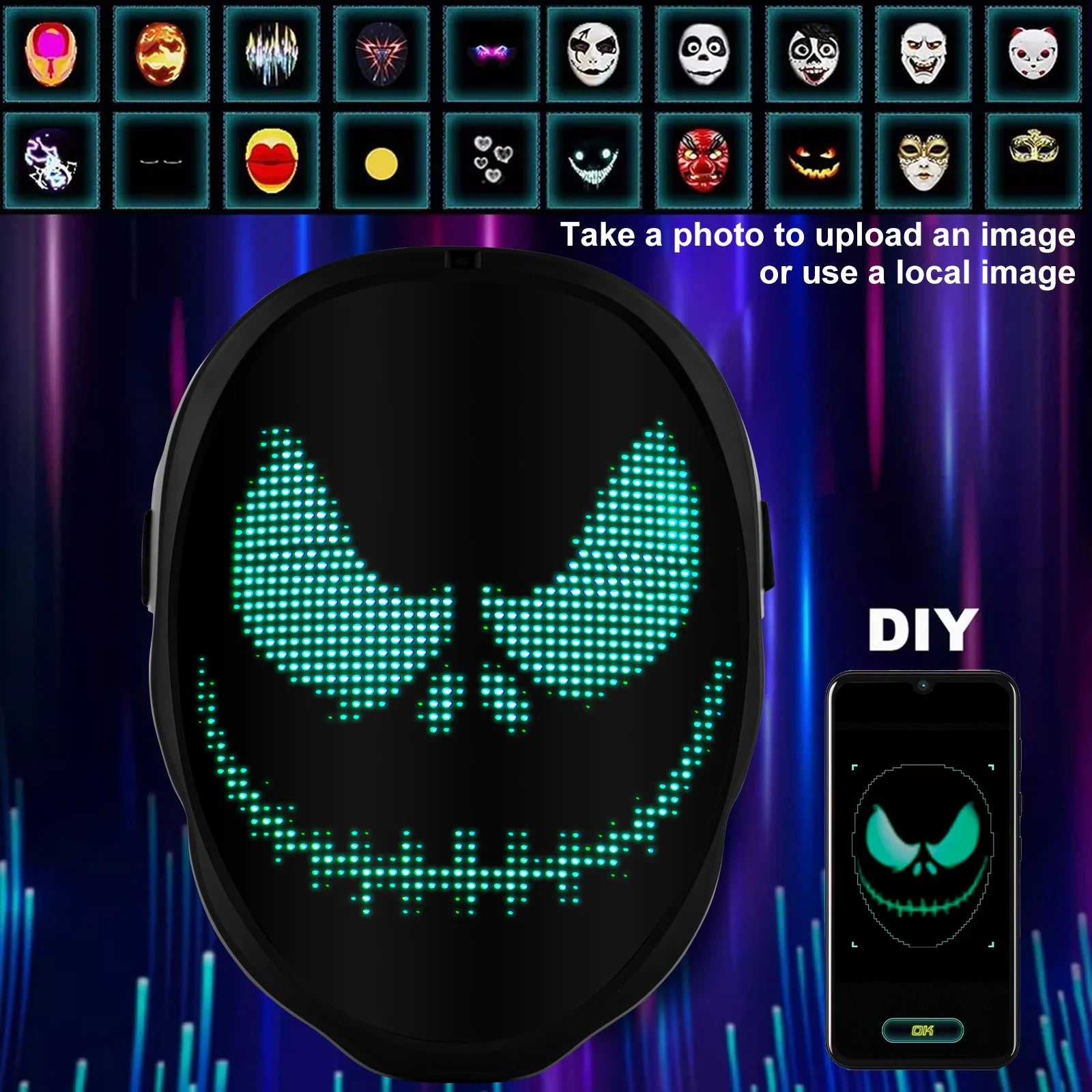 Bluetooth Programmable LED Face Mask - Light Up Your Halloween & Masquerade Party Fun!