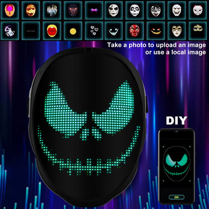 Bluetooth Programmable LED Face Mask - Light Up Your Halloween & Masquerade Party Fun!