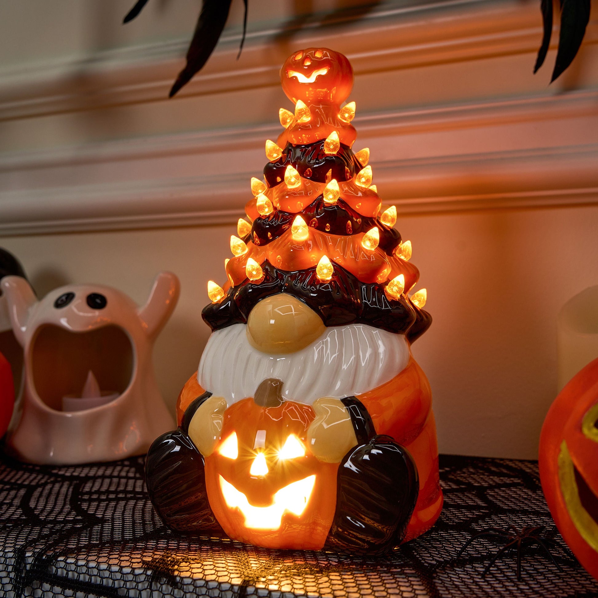 8.5 Inch Halloween Decorations Ceramic Gnome Tree Decorations with Build-In Leds,Light up Pumpkin Table Decor Bedroom Indoor Centerpieces for Tables