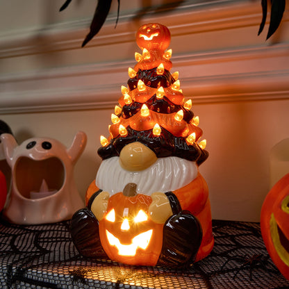 8.5 Inch Halloween Decorations Ceramic Gnome Tree Decorations with Build-In Leds,Light up Pumpkin Table Decor Bedroom Indoor Centerpieces for Tables
