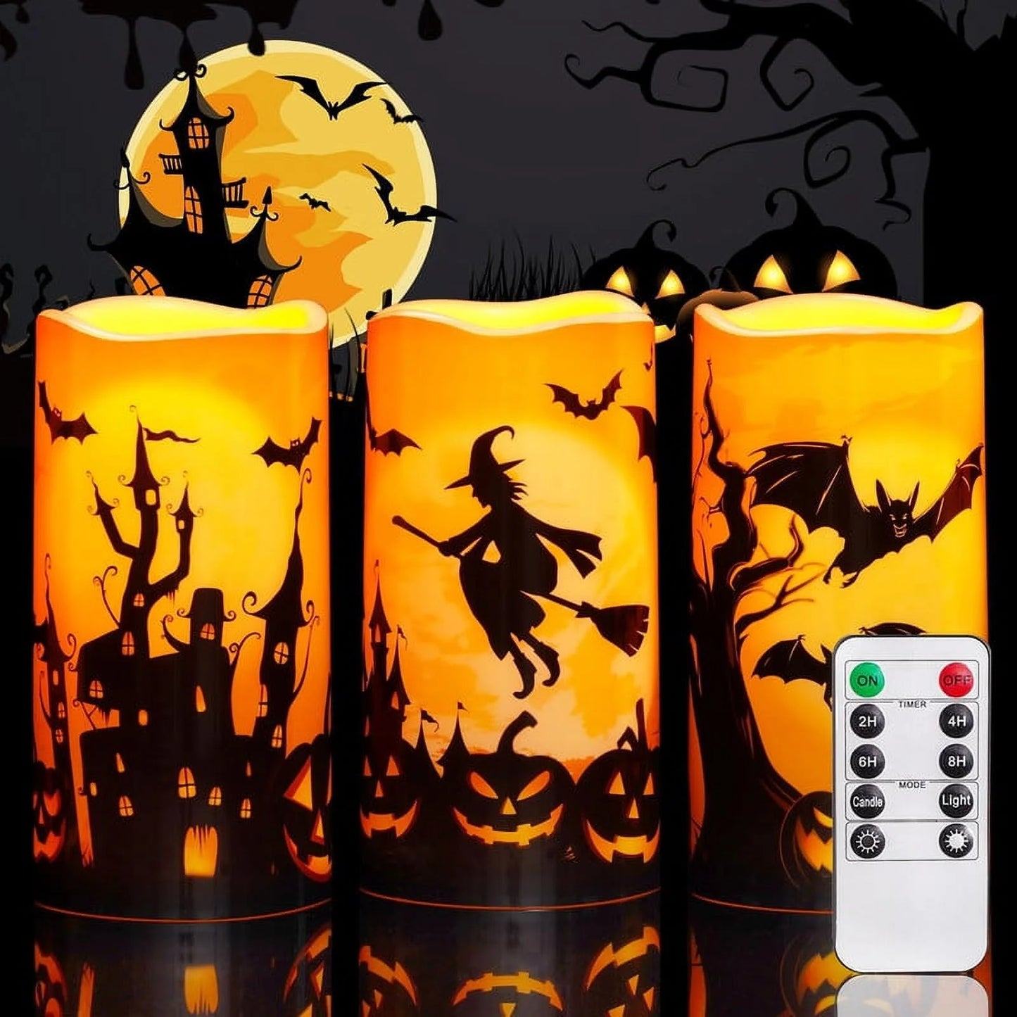 Spooktacular Halloween Flameless Candles - Waterproof LED Pillar Set with Remote Timers, Perfect for Outdoor Decor, 3”x6” - Set of 3 Orange Candles