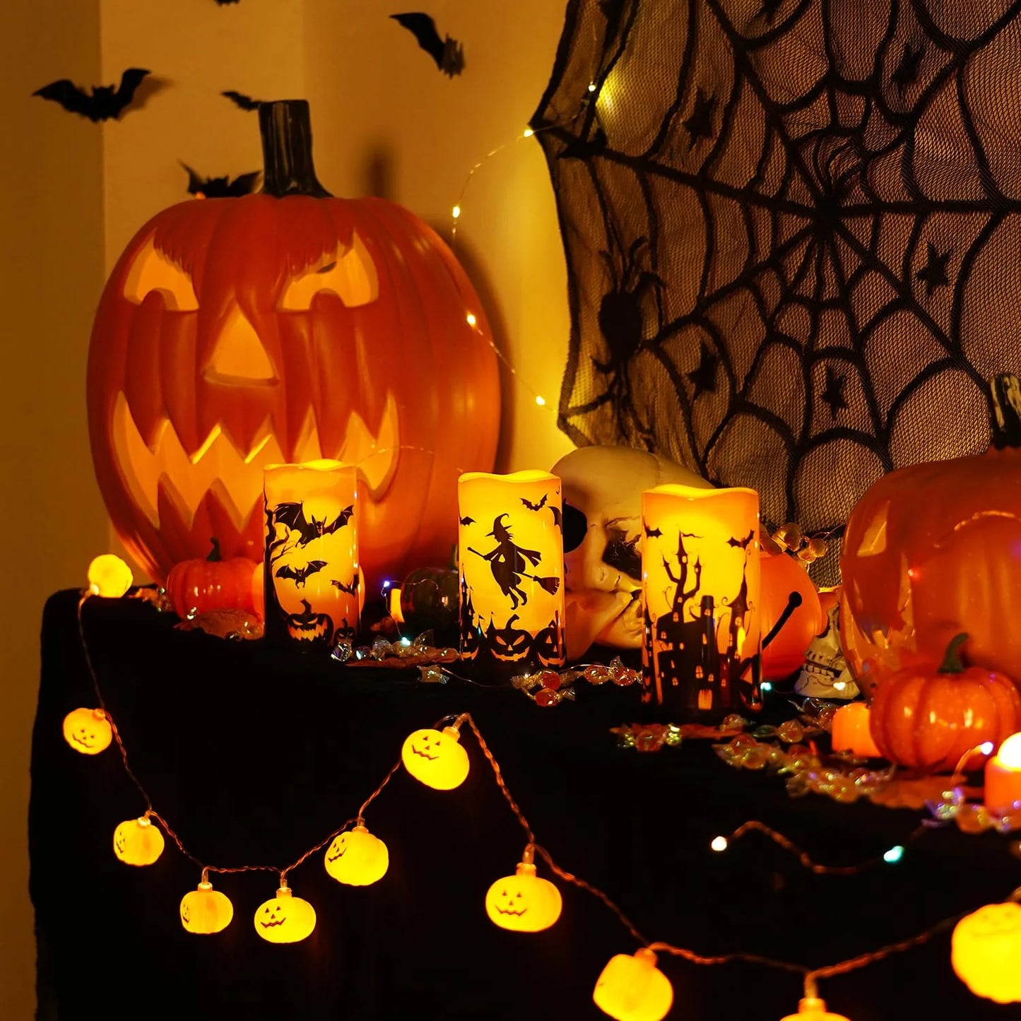 Spooktacular Halloween Flameless Candles - Waterproof LED Pillar Set with Remote Timers, Perfect for Outdoor Decor, 3”x6” - Set of 3 Orange Candles