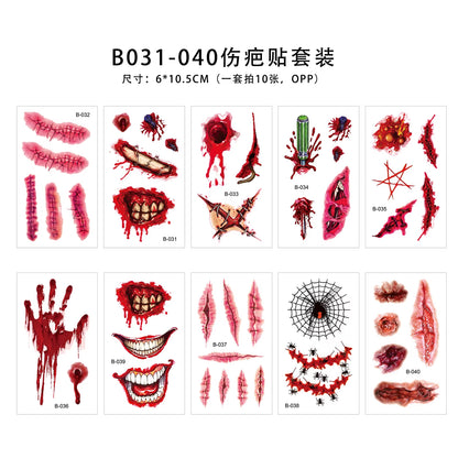 Halloween Scar Temporary Tattoo Realistic Fake Bloody Wound Zombie Scar Tattoos Sticker Halloween Party Decorations Prank Props