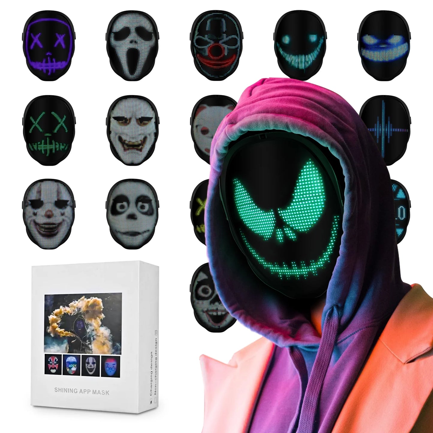 Bluetooth Programmable LED Face Mask - Light Up Your Halloween & Masquerade Party Fun!