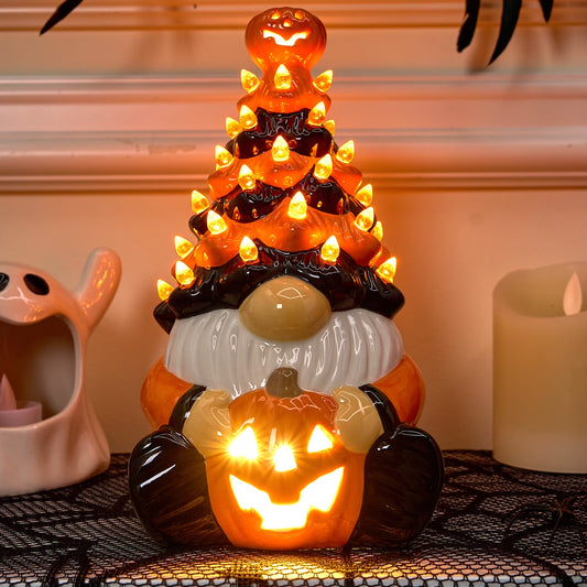 8.5 Inch Halloween Decorations Ceramic Gnome Tree Decorations with Build-In Leds,Light up Pumpkin Table Decor Bedroom Indoor Centerpieces for Tables