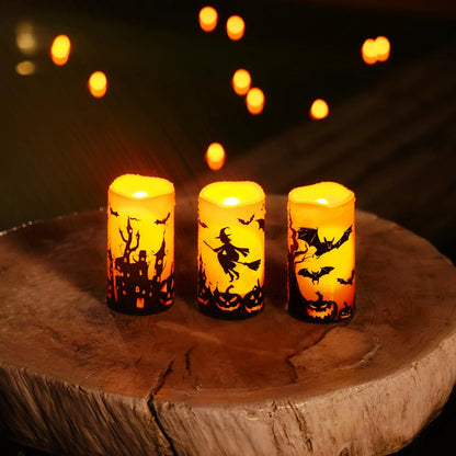 Spooktacular Halloween Flameless Candles - Waterproof LED Pillar Set with Remote Timers, Perfect for Outdoor Decor, 3”x6” - Set of 3 Orange Candles