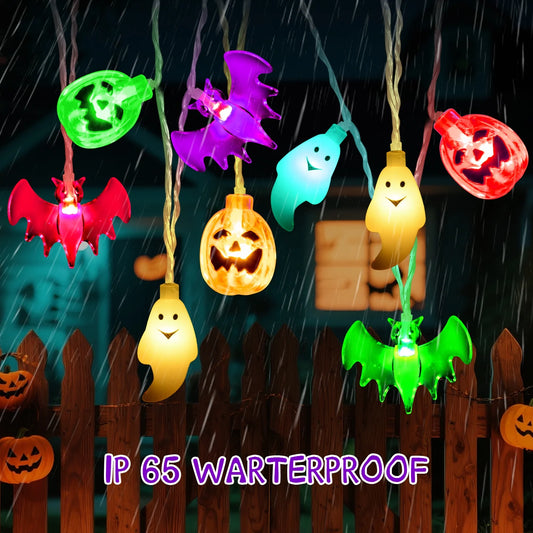 Halloween Lights 14.8Ft 30 LED Pumpkin Ghost Bat, 8 Modes Waterproof Halloween Decor Indoor Outdoor Party Home Decoration, Colored Lighting